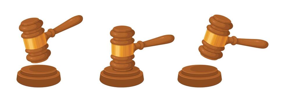 Three stylized wooden judge's gavels are isolated on a stark white background. Each gavel rests on a matching wooden block, representing tools of the court. vector