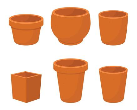 The image displays a set of six terracotta flowerpots. These pots come in a variety of shapes and sizes, suggesting different planting needs. They are presented on a plain white background. vector