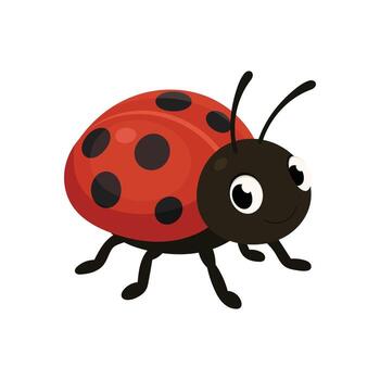 A cartoon ladybug with a red shell and black spots stands on a white background. The ladybug has a smiling face, cute eyes, and a shiny body. It appears to be cheerful. vector
