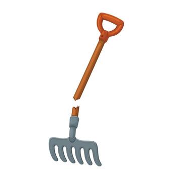 This image depicts a cartoon rake, featuring a wooden handle that is broken in half. The rake head is gray, and the handle is orange. The background is white. vector