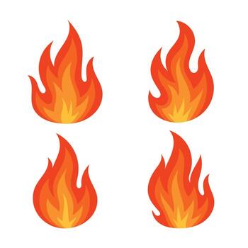 el imagen vitrinas cuatro estilo de dibujos animados llamas, cada con único forma y Talla variaciones. ellos son diseñado con degradado sombras de naranja y rojo, creando profundidad. vector