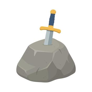 A digitally rendered illustration depicts a sword firmly embedded in a grey stone. The sword's hilt is adorned with a yellow guard and blue wrapping. vector