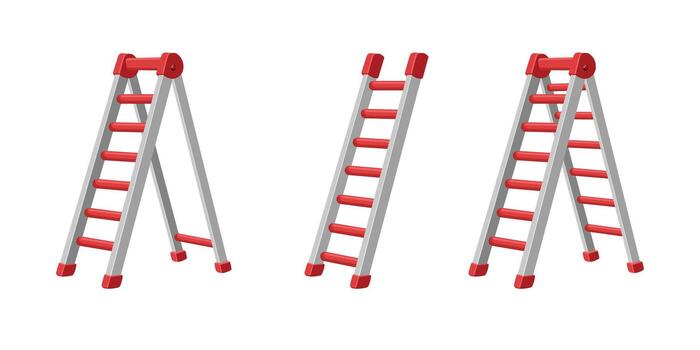 The image features three ladders against a plain white background. Two of the ladders are depicted as A-frame, while the third one is straight. They are red and gray. vector