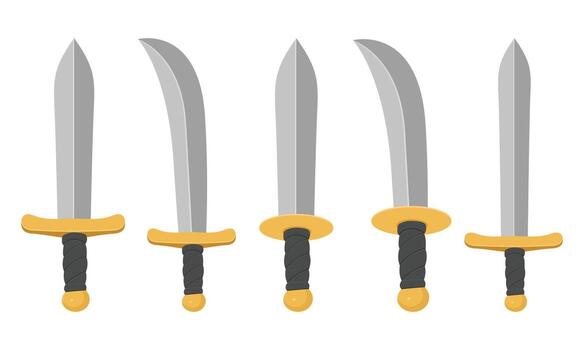This image shows five cartoon-style swords arranged in a row. Each sword features a gray blade, a gold hand-guard, and a black handle with a textured grip. vector