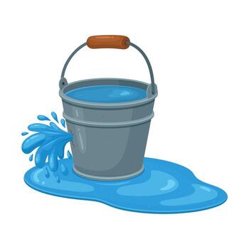 un ilustración demostración un metal Cubeta lleno con agua. allí es un agujero cerca el fondo de el Cubeta con agua chorreando afuera, formando un charco abajo. vector