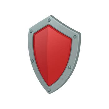 A cartoon illustration features a red shield bordered in gray, adorned with rivets. The shield signifies protection and defense, embodying strength in a simplified design. vector