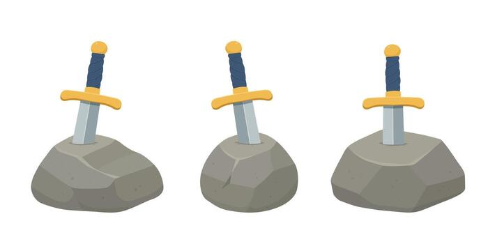 Three swords, each with a golden guard and a blue wrapped handle, are lodged firmly into grey rocks. The setting is simple with a stark white background. vector