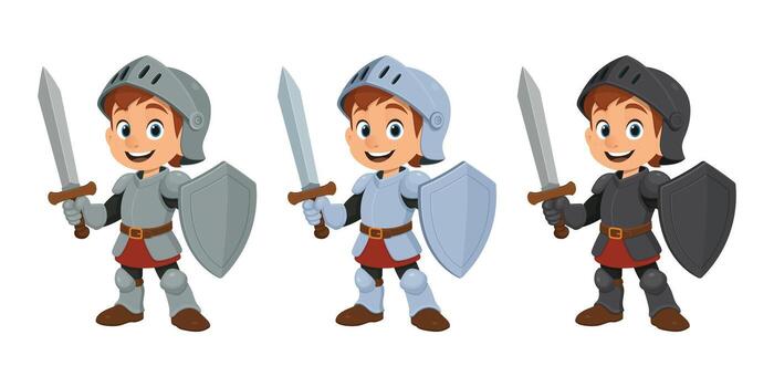 Three cartoon knights, two wearing silver armor and one in black armor, stand side-by-side, wielding swords and shields, ready for adventure in a playful scene. vector