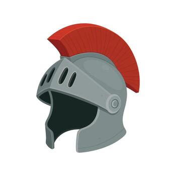 A drawing of a shining silver helmet with a vibrant red plume attached to the top. The helmet shows eye-slits and a rounded design. It recalls battles and courage. vector