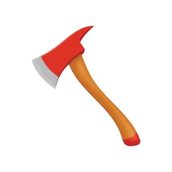 A cartoon-style image of a red axe with a light grey blade and a wooden handle. The axe is isolated on a white background and is used for cutting or breaking. vector
