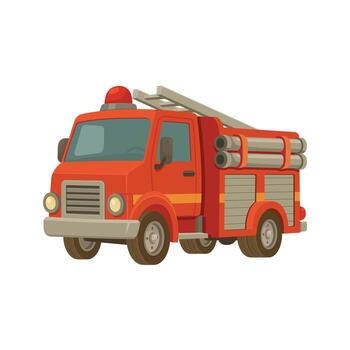 A cartoon rendering of a red fire engine, the vehicle features a ladder on top, headlights, and hoses stored on the side. A beacon is mounted on top of the cab. vector