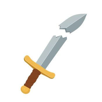 A cartoon style depiction of a broken sword. The blade has snapped in two near the tip. The handle is wrapped in brown with gold tone accents. vector