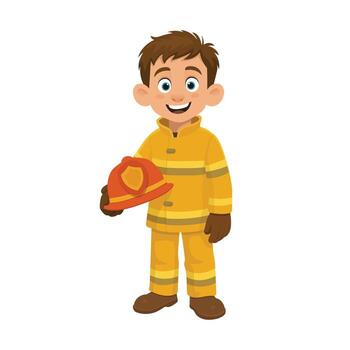 A full-bodied illustration depicts a happy young boy in a complete firefighter uniform. He is holding a matching helmet and smiling cheerfully in the image. vector