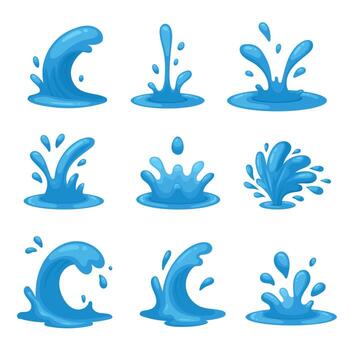 This image features nine unique cartoon-style water splashes. Each splash has a vibrant blue color and is set against a clean, white background. The designs are simple. vector