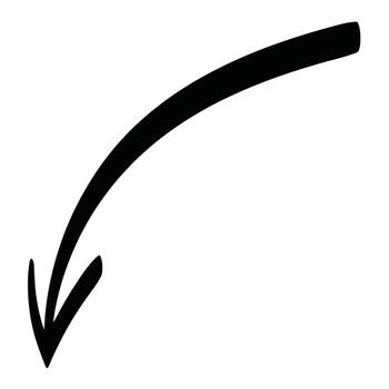 Hand drawn curved arrow pointing down and left vector