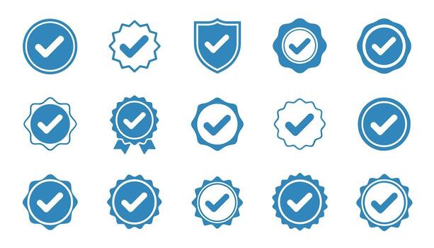 colección de azul marca de verificación insignias y iconos, representando aprobación, verificación, y éxito vector