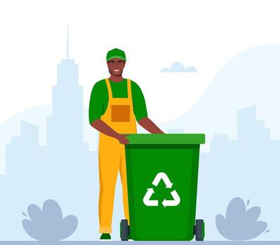 basura hombre en uniforme con verde basura compartimiento y reciclaje símbolo en él. basura clasificación. cero desperdiciar, ambiente proteccion concepto. africano hombre obrero. ilustración. vector