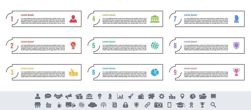 Infographic template with nine steps plus colorful circular design elements vector