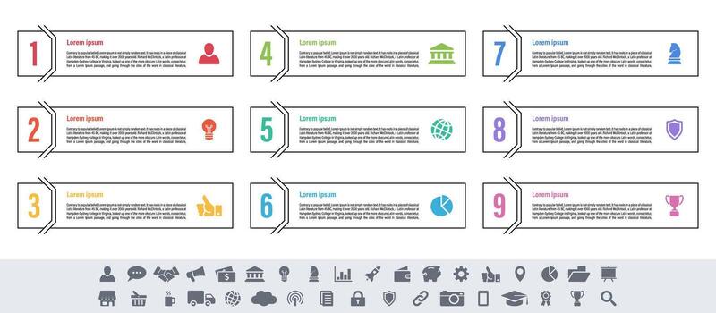 Infographic design with nine colorful steps process diagram plus navigation elements vector