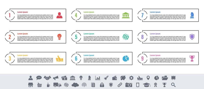 Infographic with nine steps process diagram plus colorful design elements vector