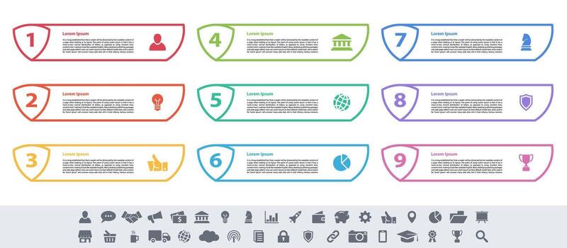 Infographic design with nine colorful steps plus progress indicators for business process vector