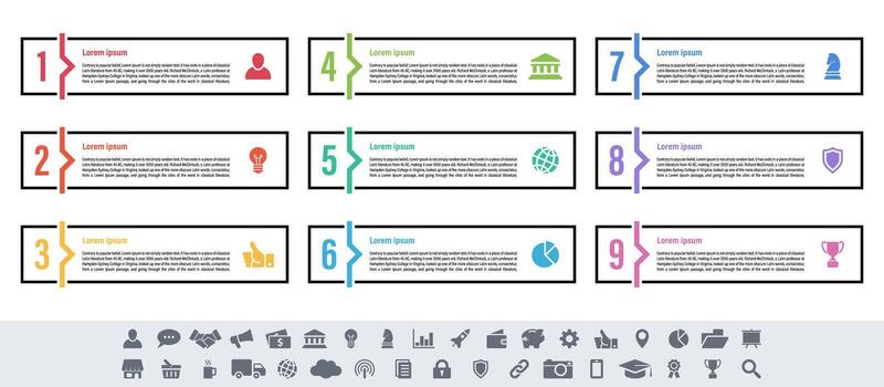 infografía diseño con nueve pasos proceso flujo de trabajo más visual elementos vector