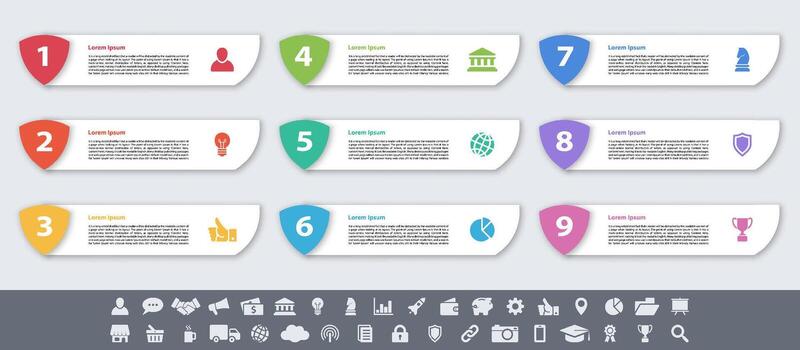 Infographic design with nine colorful steps plus icons for business process workflow vector