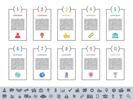 Infographic template showing ten steps process workflow with document icons vector