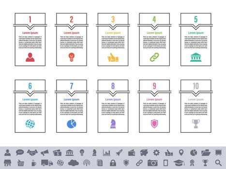 Infographic design showing ten steps process with colorful icons and text layout vector