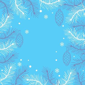 New Year's background for a postcard.Blue background and frame with pine branches, pine cones, and snowflakes, hand-drawn in a cartoon style. vector