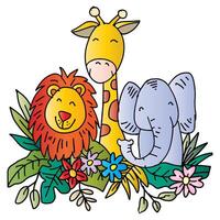 linda jirafa, león y elefante con flores vector