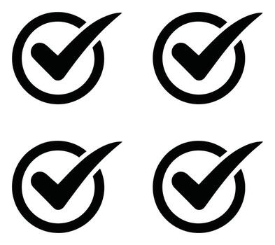 Four black check mark icons inside circles on a white background validation symbols vector