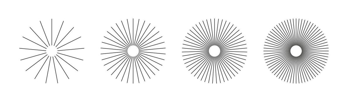 Radial circle radiation lines. Sun star rays set. Ray burst, beams collection. Set of sunburst element, radial stripes. Outline abstract graphic. Circular radial lines. Spokes with radiating stripes vector
