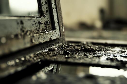 Dust and grime cover a neglected window in an abandoned building photo