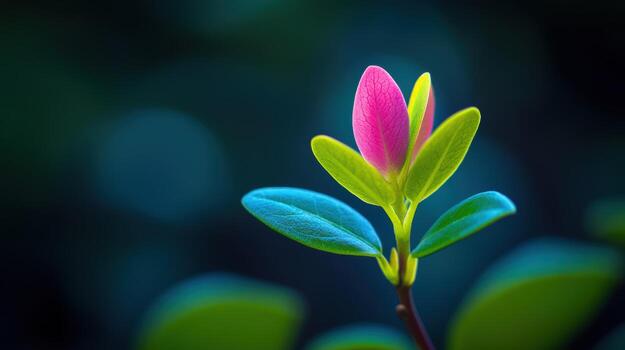 Bright pink and green leaf emerging in a serene garden setting photo