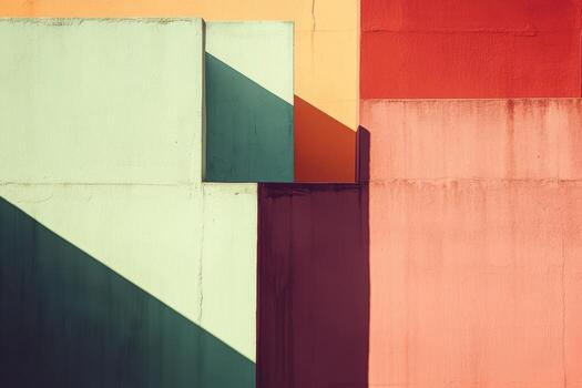Colorful geometric shapes and shadows on wall surface photo
