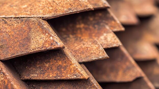 Rusty metal tiles stacked in a unique pattern outdoors photo
