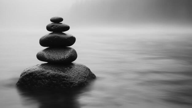 Balanced stones stacked in tranquil water at dawn photo