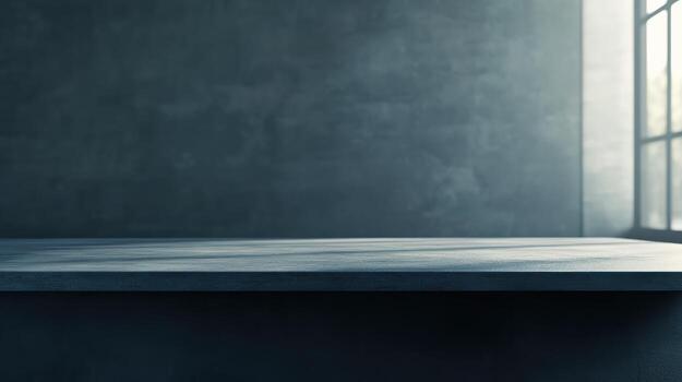 Dark interior with empty countertop in bright sunlight photo