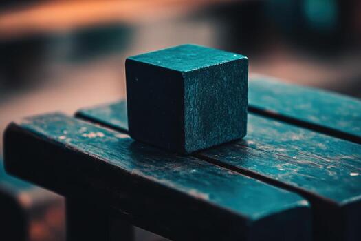 Dark wooden cube placed on a rustic wooden table photo