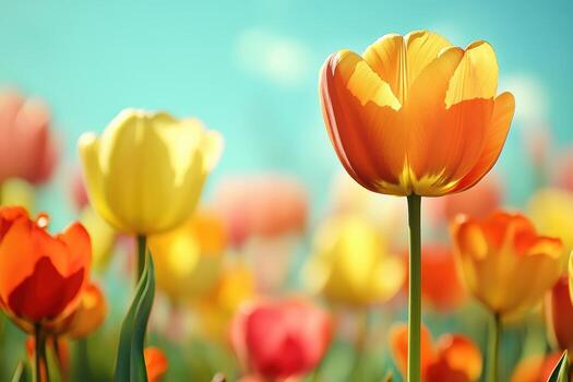 brillante tulipanes floración en un vistoso primavera jardín escena foto