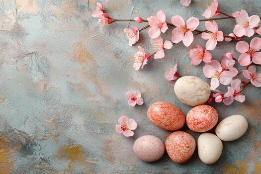 vistoso huevos y Cereza flores crear un primavera escena foto