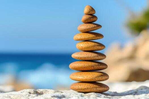 Stacked stones create a tranquil scene by the ocean photo