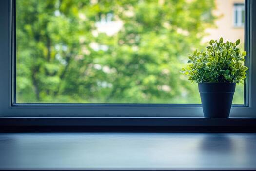 Potted plant near window with green view outside photo