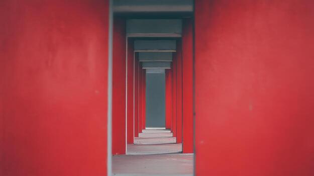Vibrant red columns create a striking pathway in architecture photo