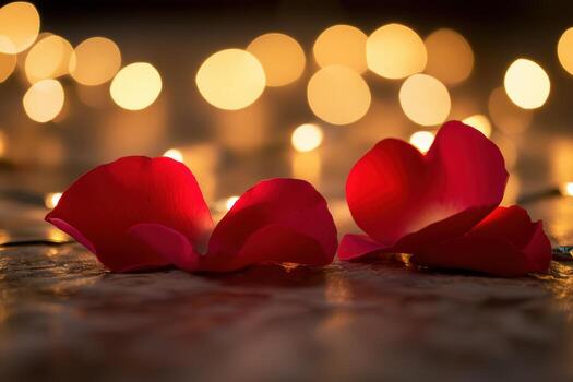 Delicate rose petals resting on a surface with glowing lights photo
