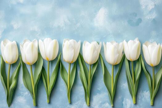 blanco tulipanes arreglado en suave azul antecedentes foto