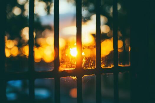 Sunset through the window bars in a tranquil evening scene photo