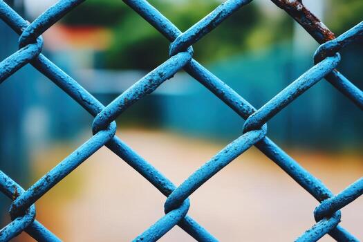 Colorful blue chain link fence with blurred background photo