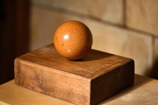 Crafted wooden sphere resting on a simple wooden base photo